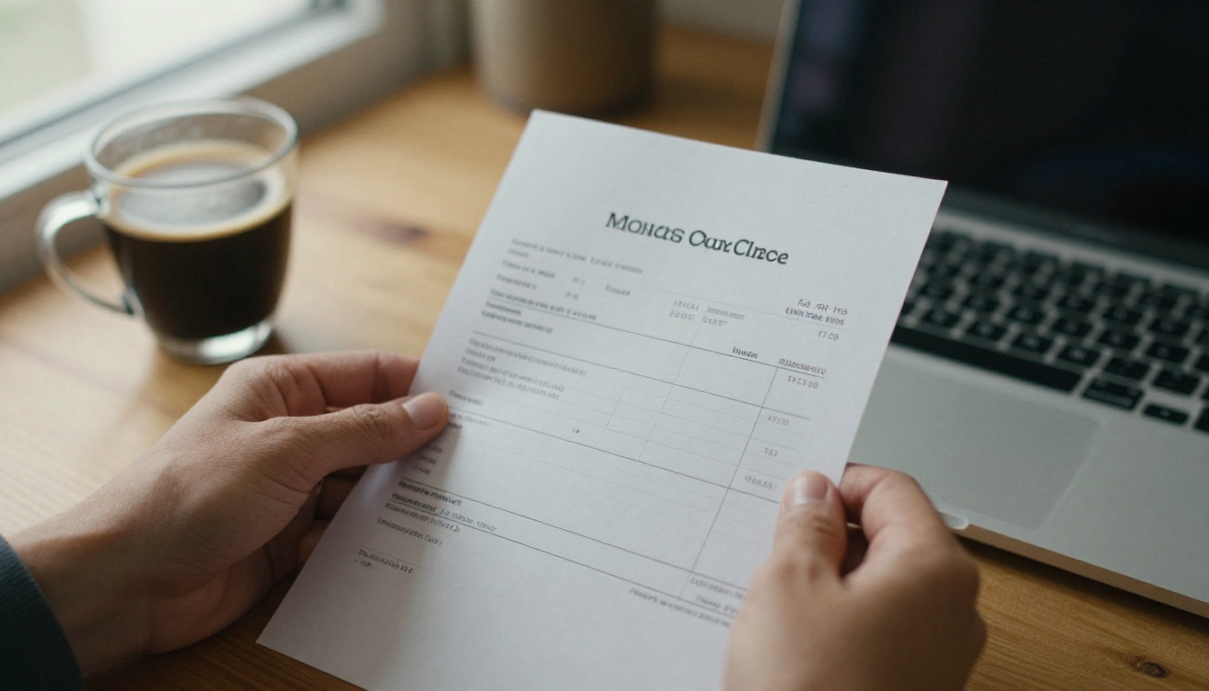 Freelancer holding a printed cloud invoice at a kitchen table with a laptop and espresso