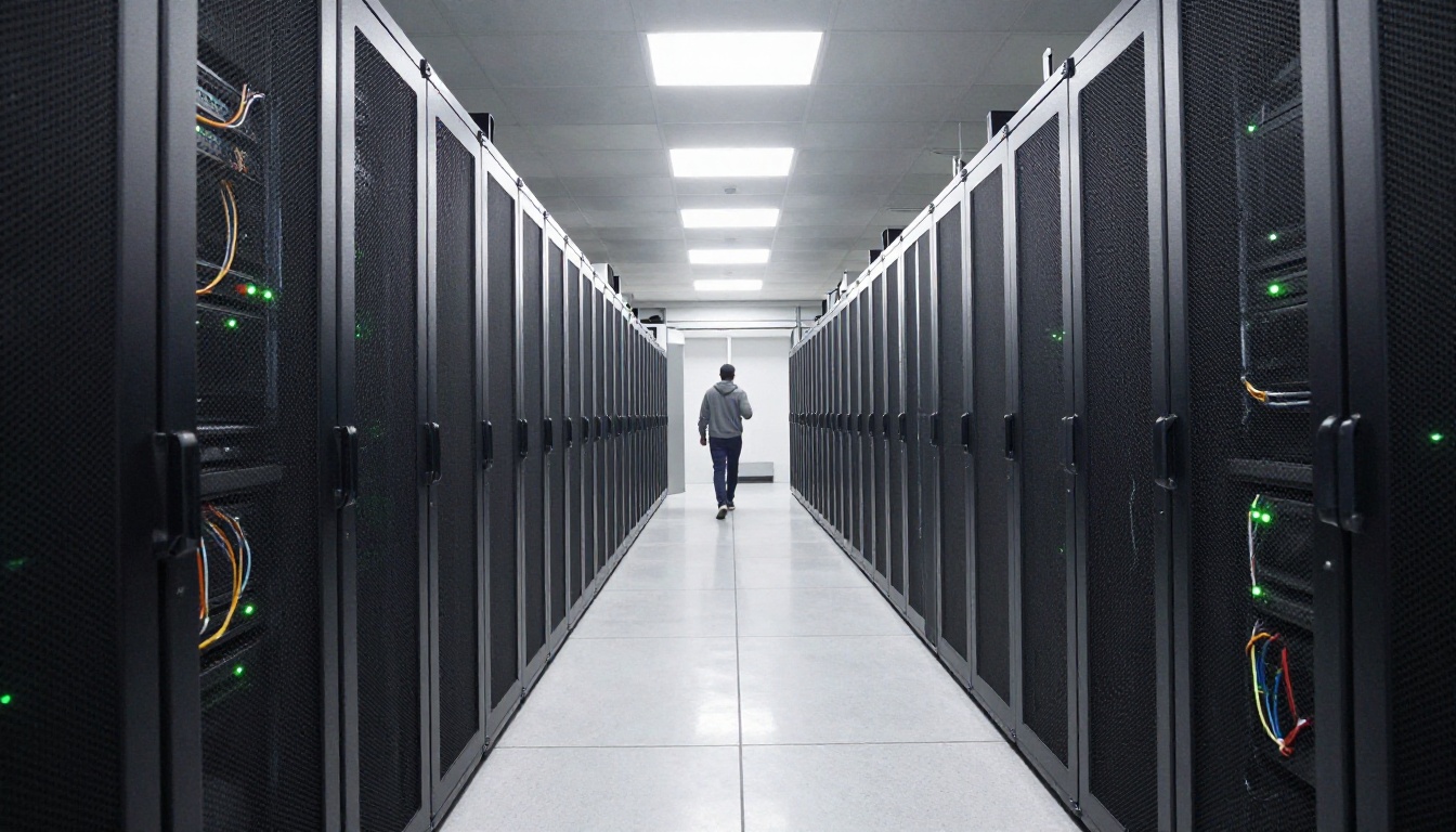 Quiet aisle of black server racks in a data center with a technician walking away
