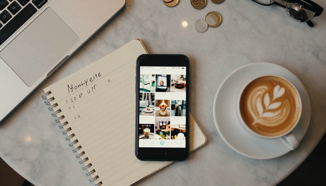 Top-down view of a marble cafe table with a phone, budget notebook, coffee and coins