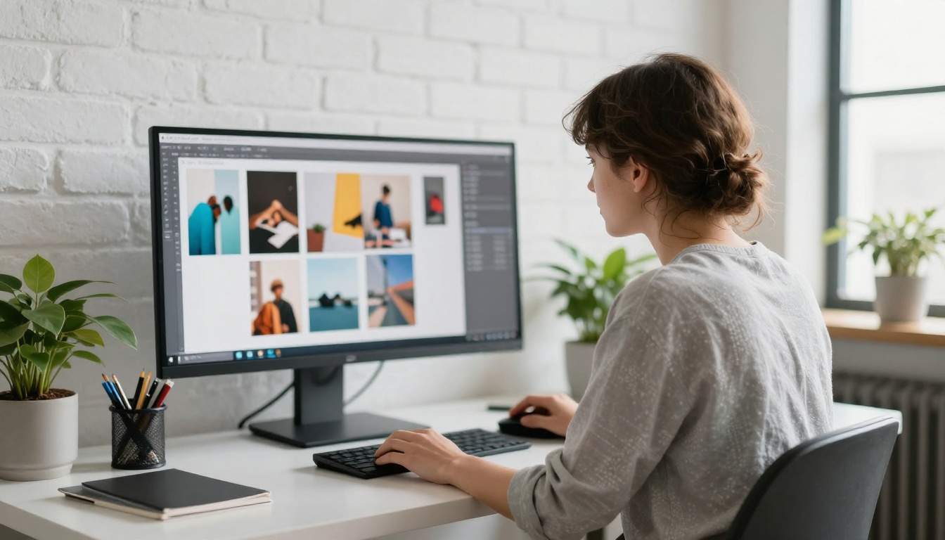 Designer at a standing desk in a bright loft studio looking at a monitor full of photographs