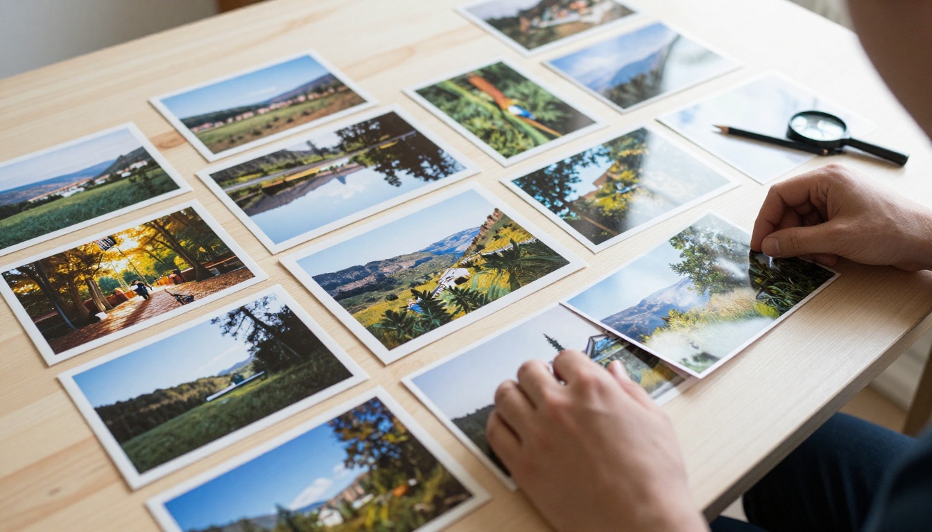 Dozens of printed photographs arranged on a pale wooden table