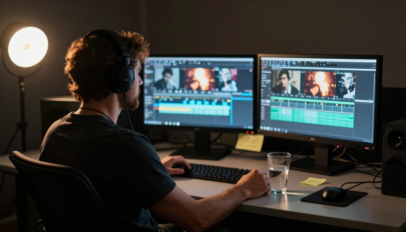 Film editor in a dim post-production room with two monitors showing a video timeline