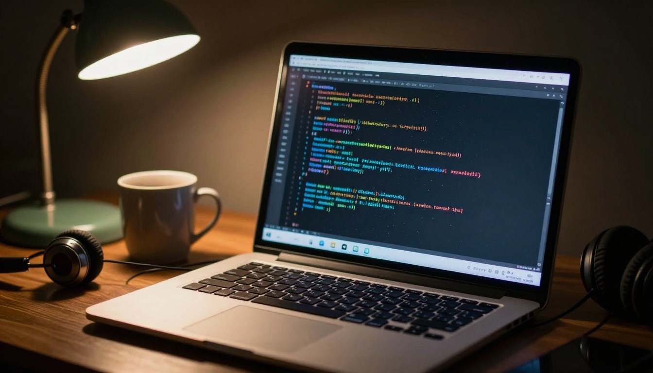Developer laptop with blurred code in a dim room lit by a warm desk lamp