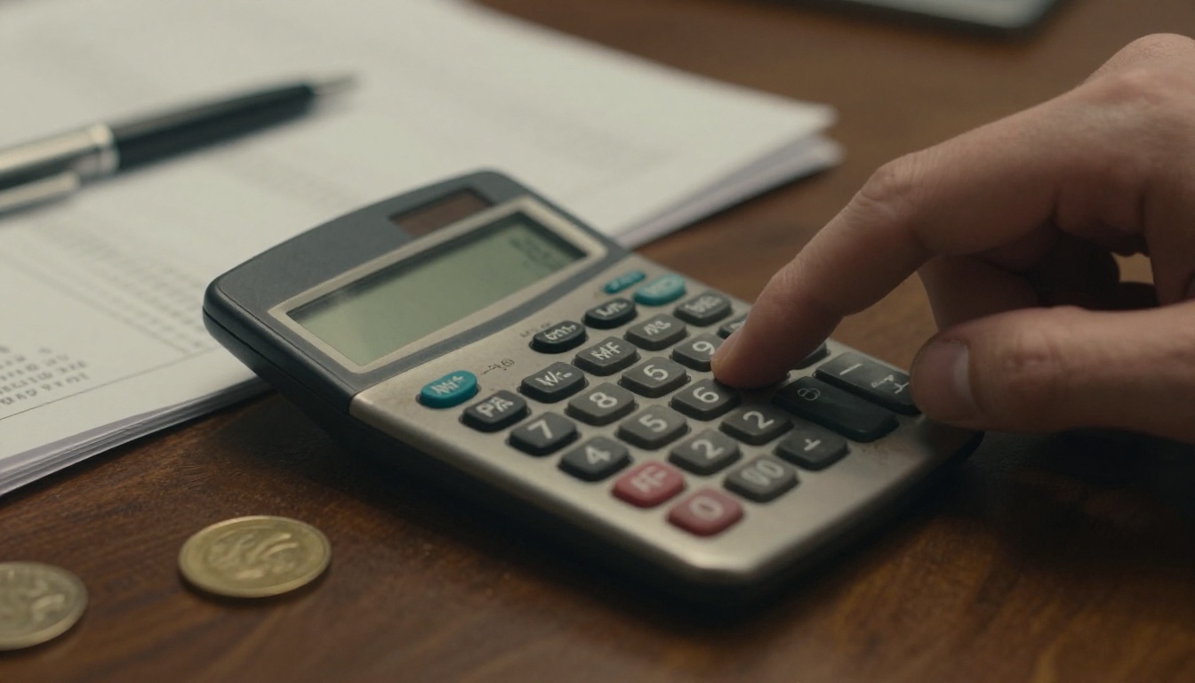Worn pocket calculator beside a folded receipt and coins on a walnut desk