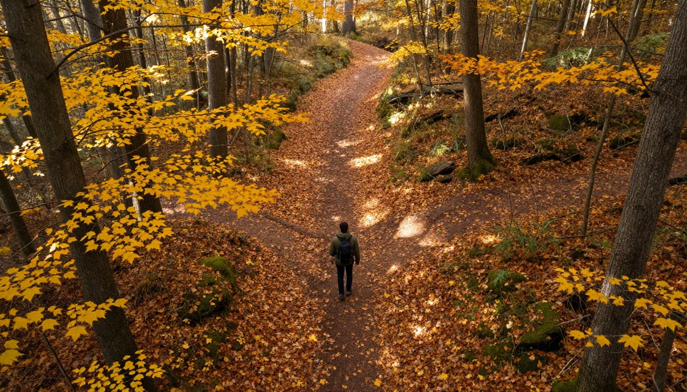 Aerial view of a hiker standing at a fork in a trail through an autumn forest