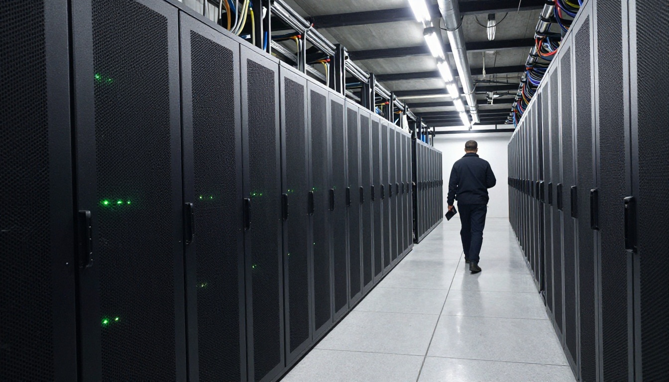 Long data center aisle with rows of black server racks