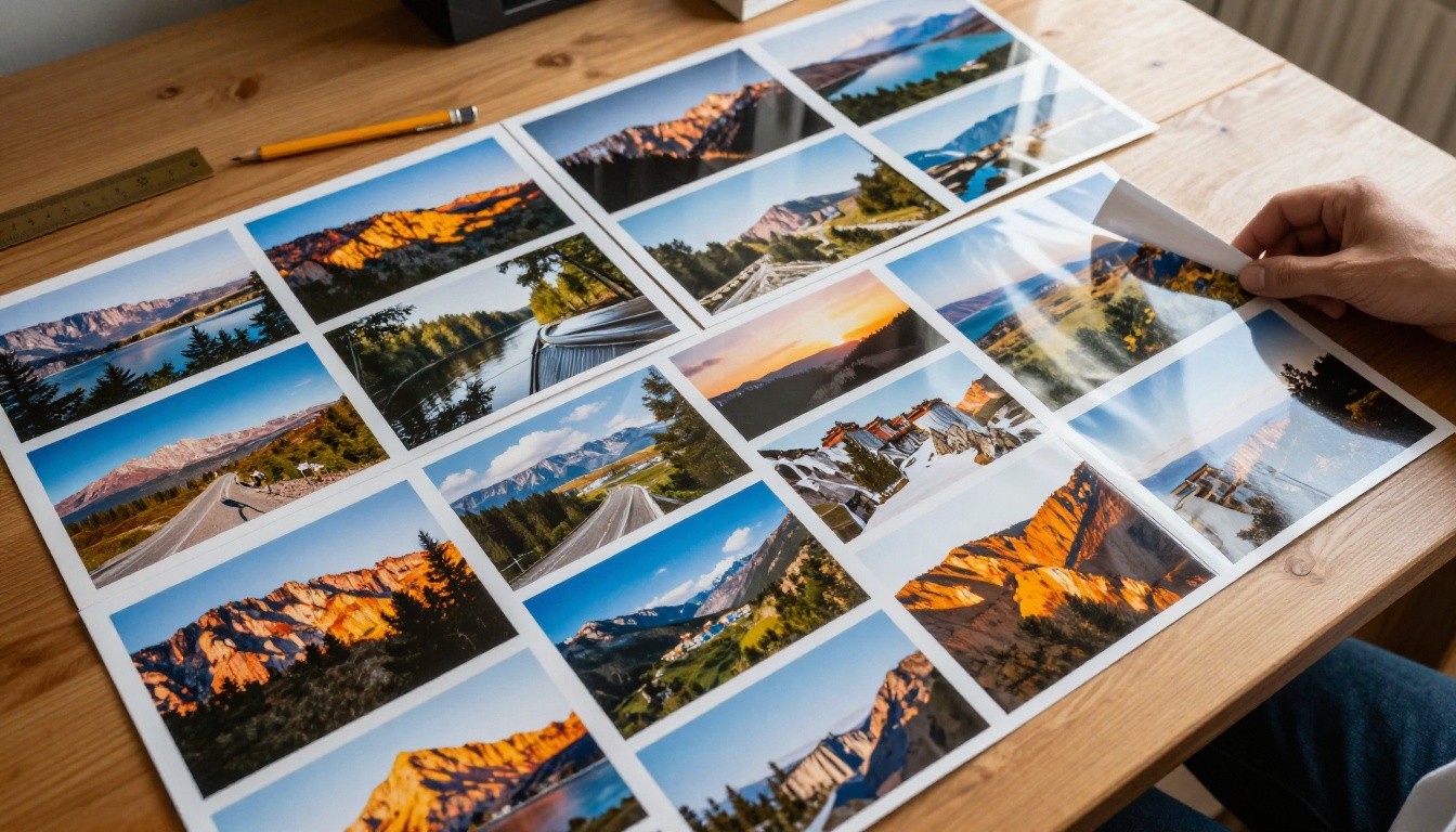 Overhead view of printed photographs laid out in a grid