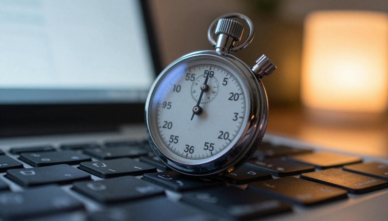 Silver stopwatch resting on a laptop