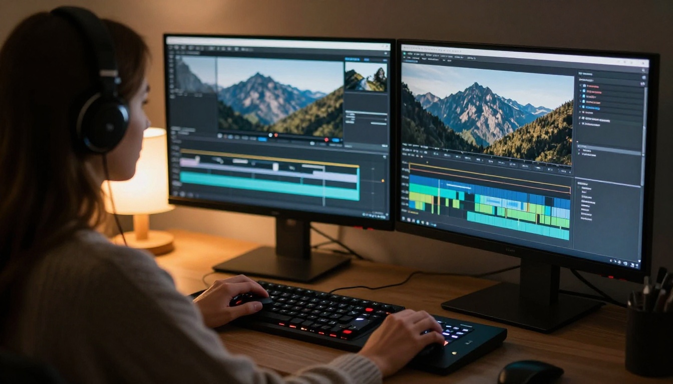 Video editor reviewing a clip timeline on two monitors