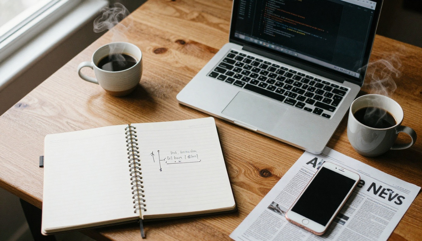 A desk with an open laptop, notebook and coffee photographed from above, representing the Replicate and Cloudflare deal timeline