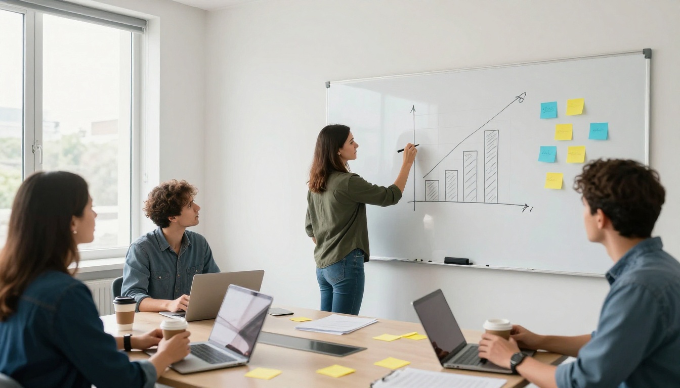 Colleagues planning around a whiteboard in a bright room