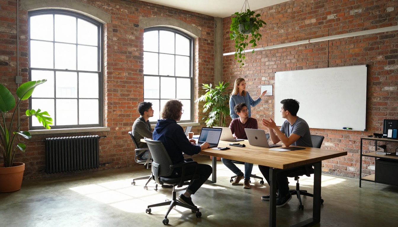 A small startup team gathered around a long table in a brick loft office, representing the Replicate team