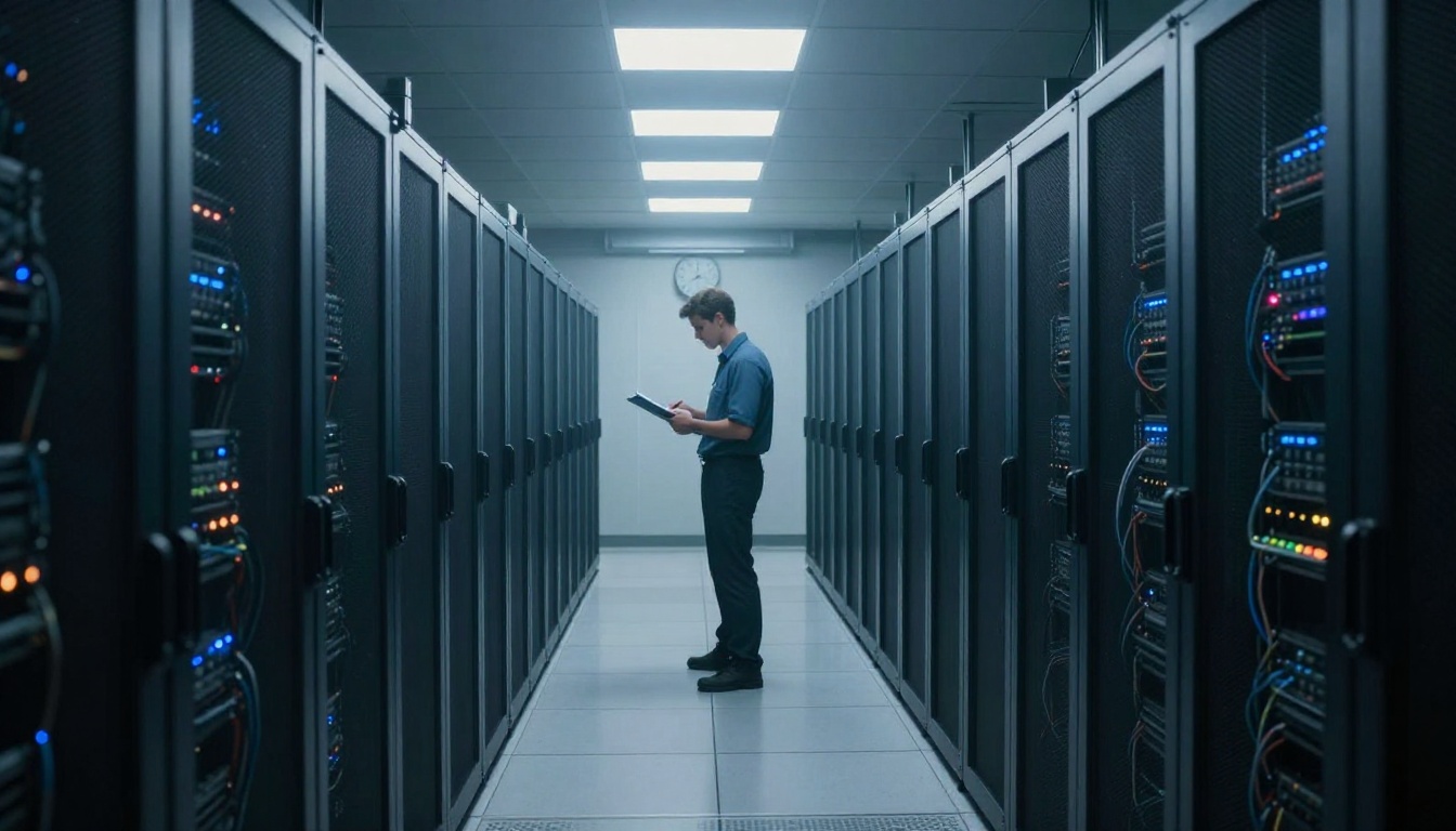 Quiet server room corridor with idle machines