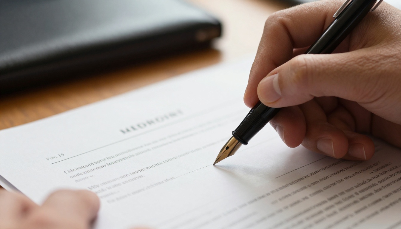 A close-up of a hand signing a thick contract with a black fountain pen, representing the Cloudflare purchase of Replicate