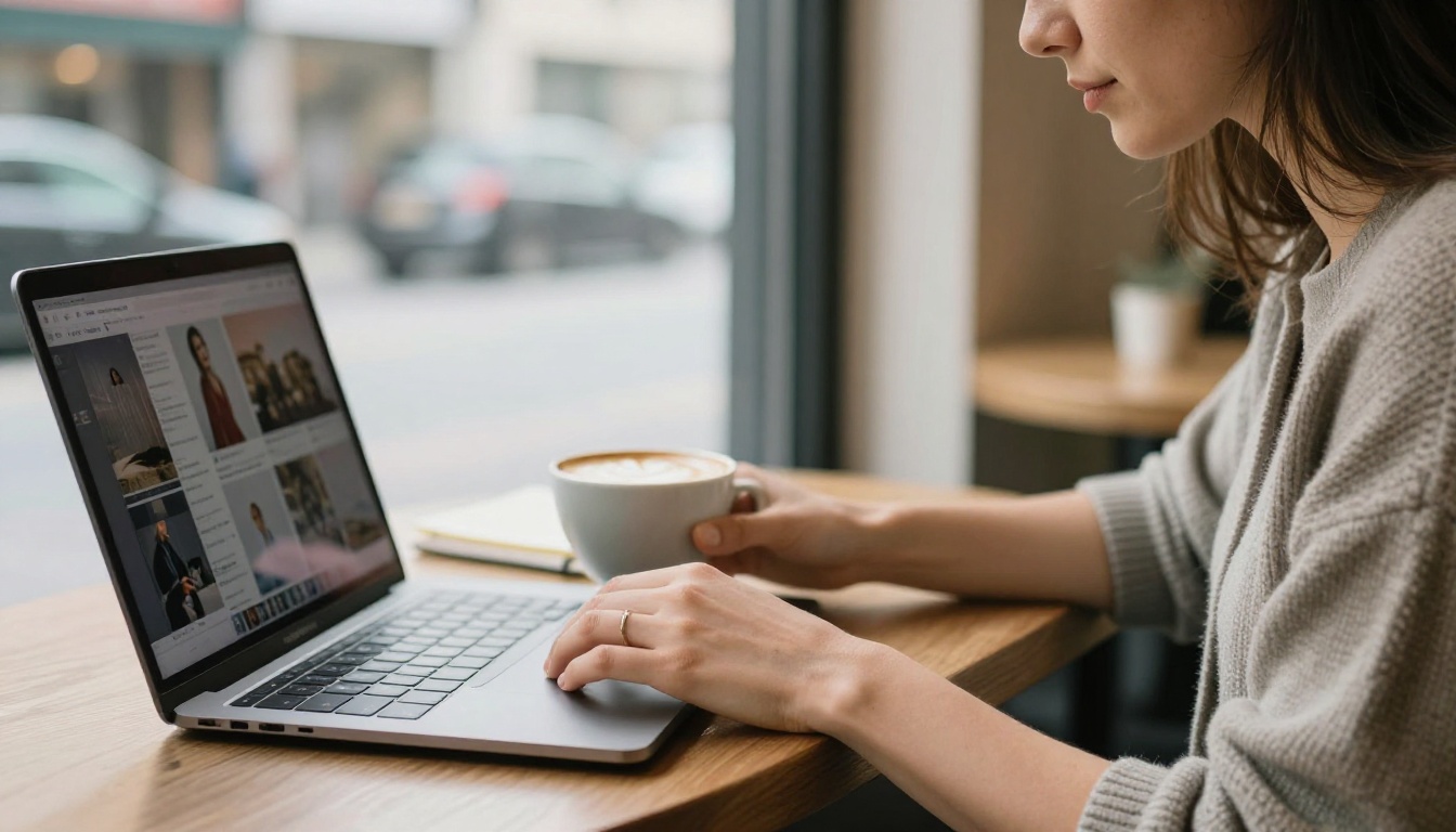 Freelance designer working at a sunlit cafe table