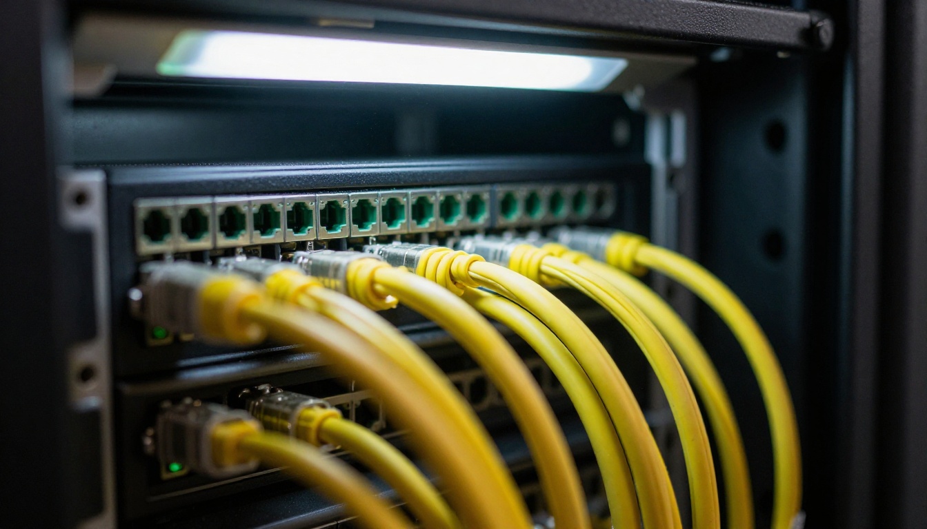 A macro view of yellow fiber-optic cables plugged into a server rack, representing Workers AI infrastructure