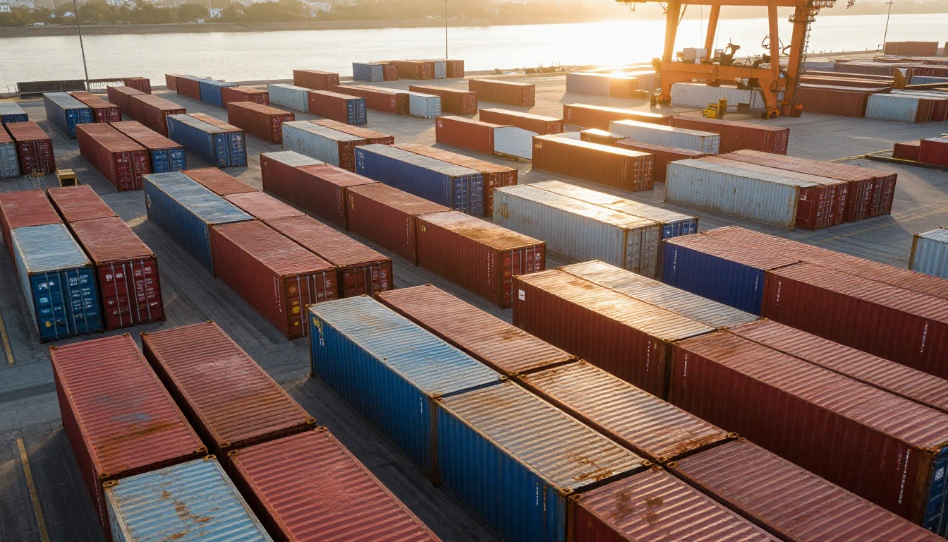 An aerial view of a shipping container yard at dawn, representing Cog packaging for AI models