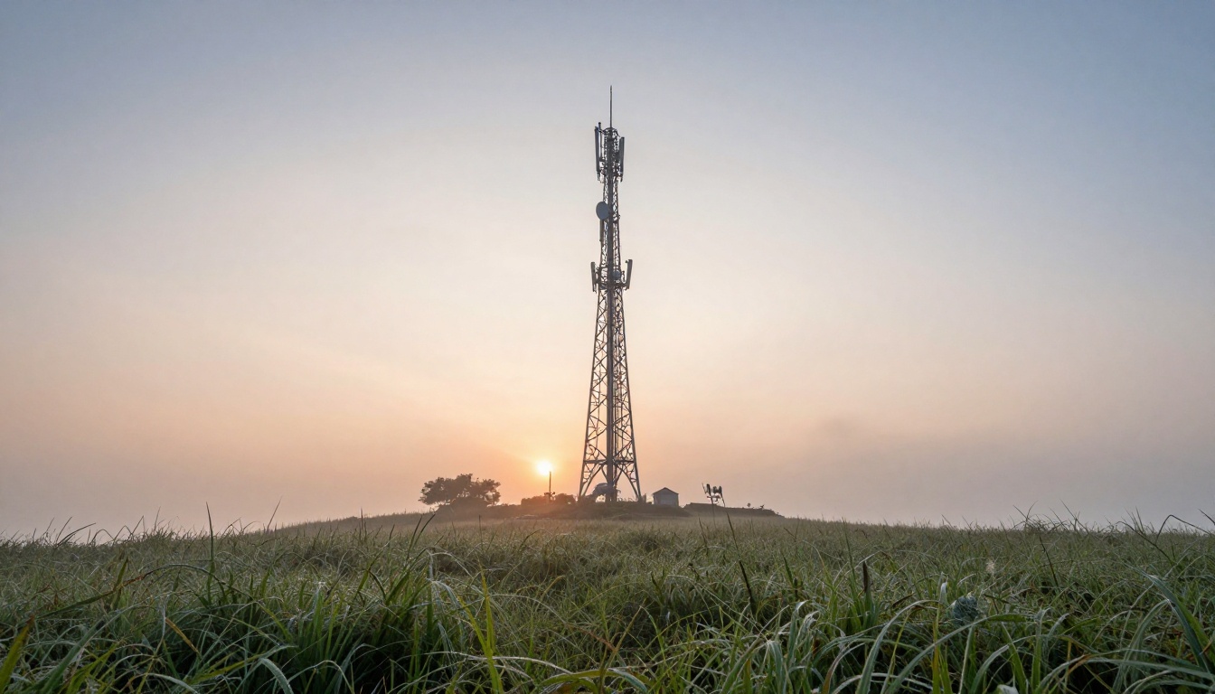 A low-angle view of a lattice telecom tower on a misty hilltop at sunrise, representing edge network inference