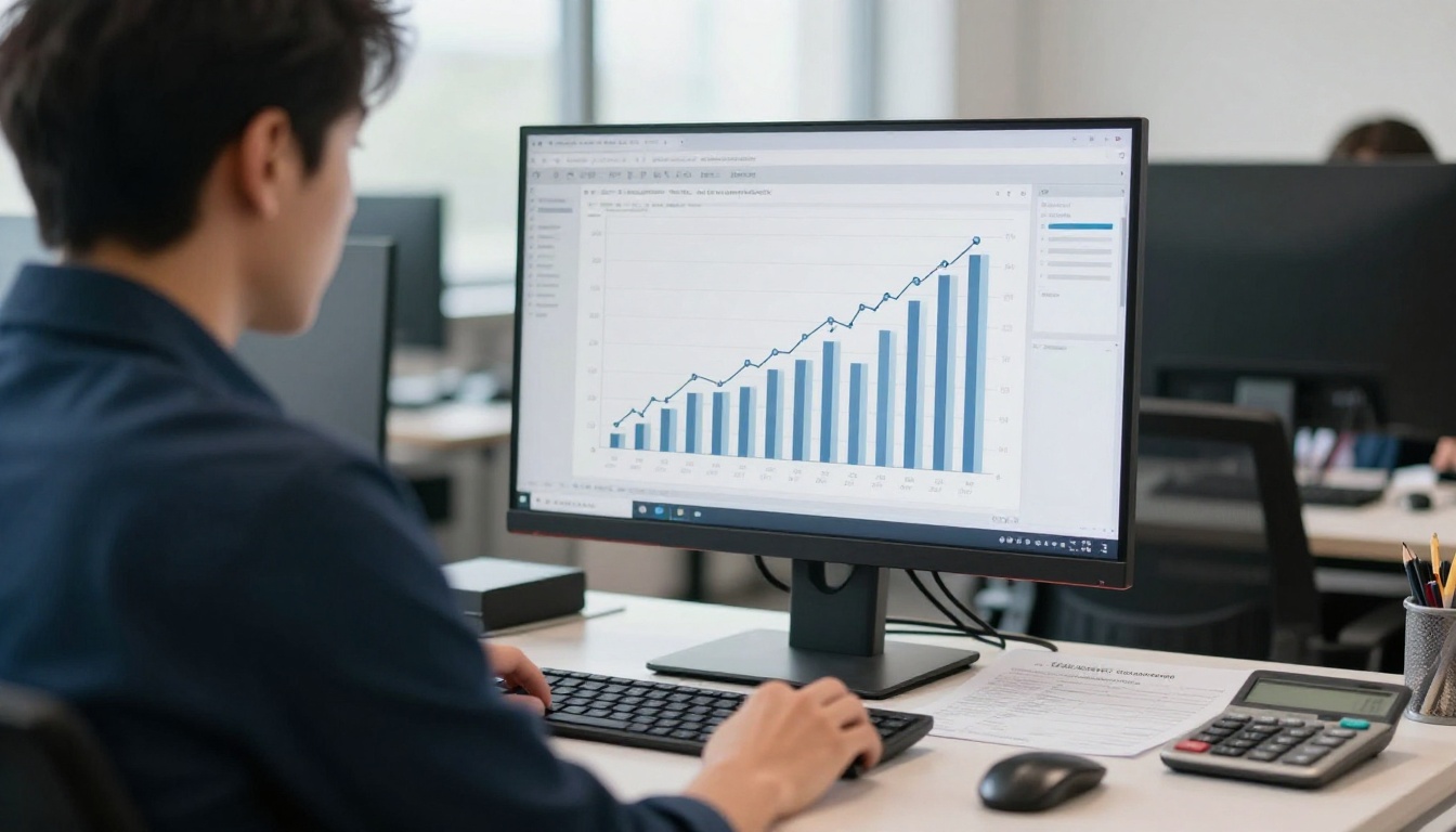 An analyst studying charts and an invoice on a large monitor, representing AI inference billing