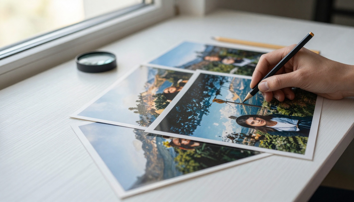 A woman arranging glossy photographic prints on a white oak table, representing AI generated images