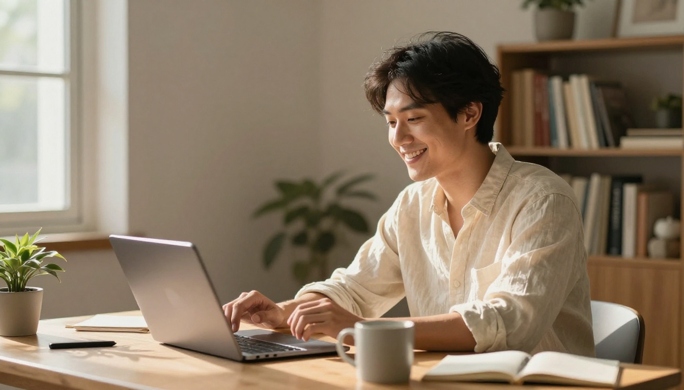 A smiling creator at a sunlit desk with a tablet and laptop, ready to create with Picasso IA
