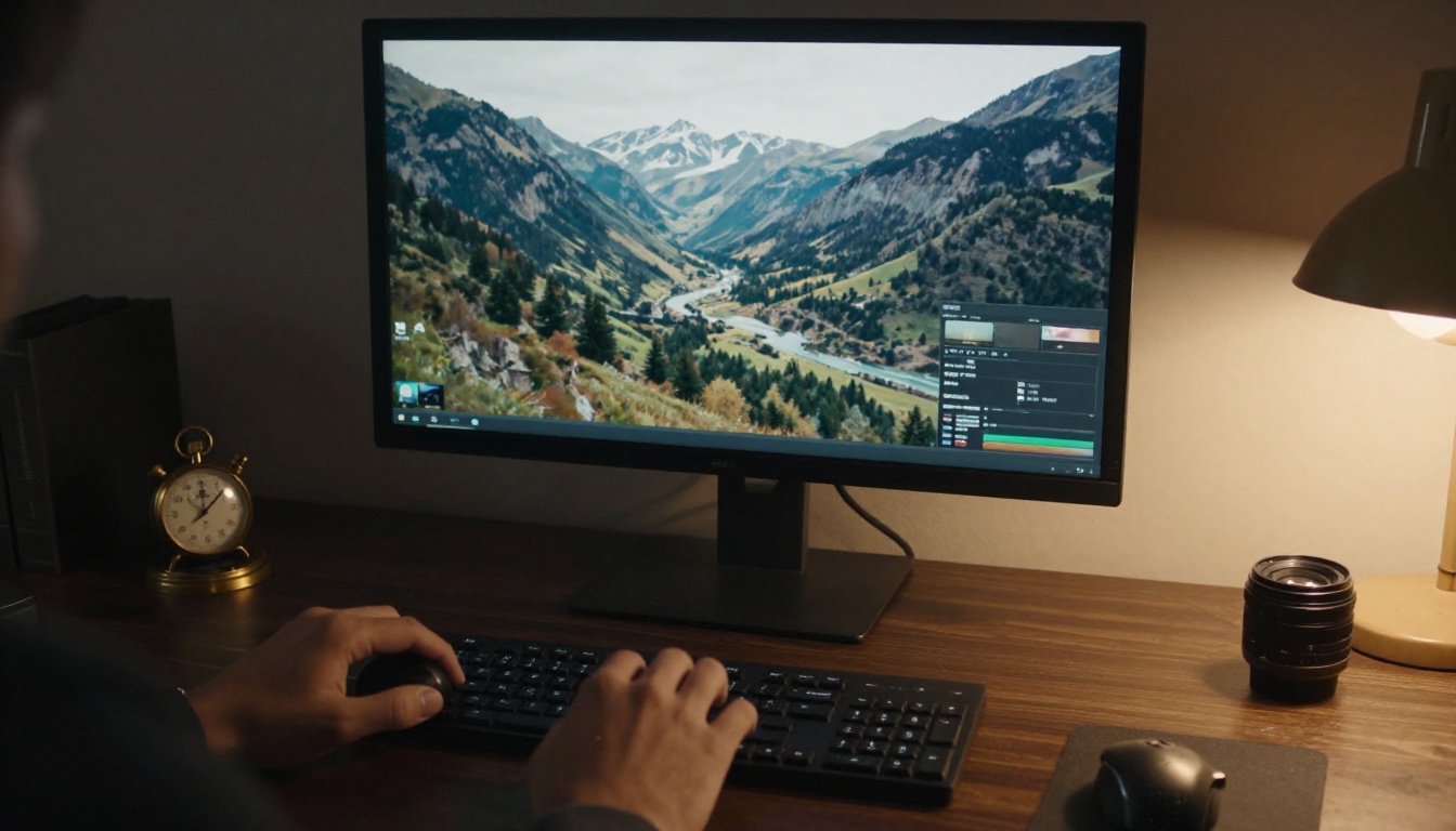 Video editor desk with a paused mountain frame and a stopwatch, a picture of video cost per second