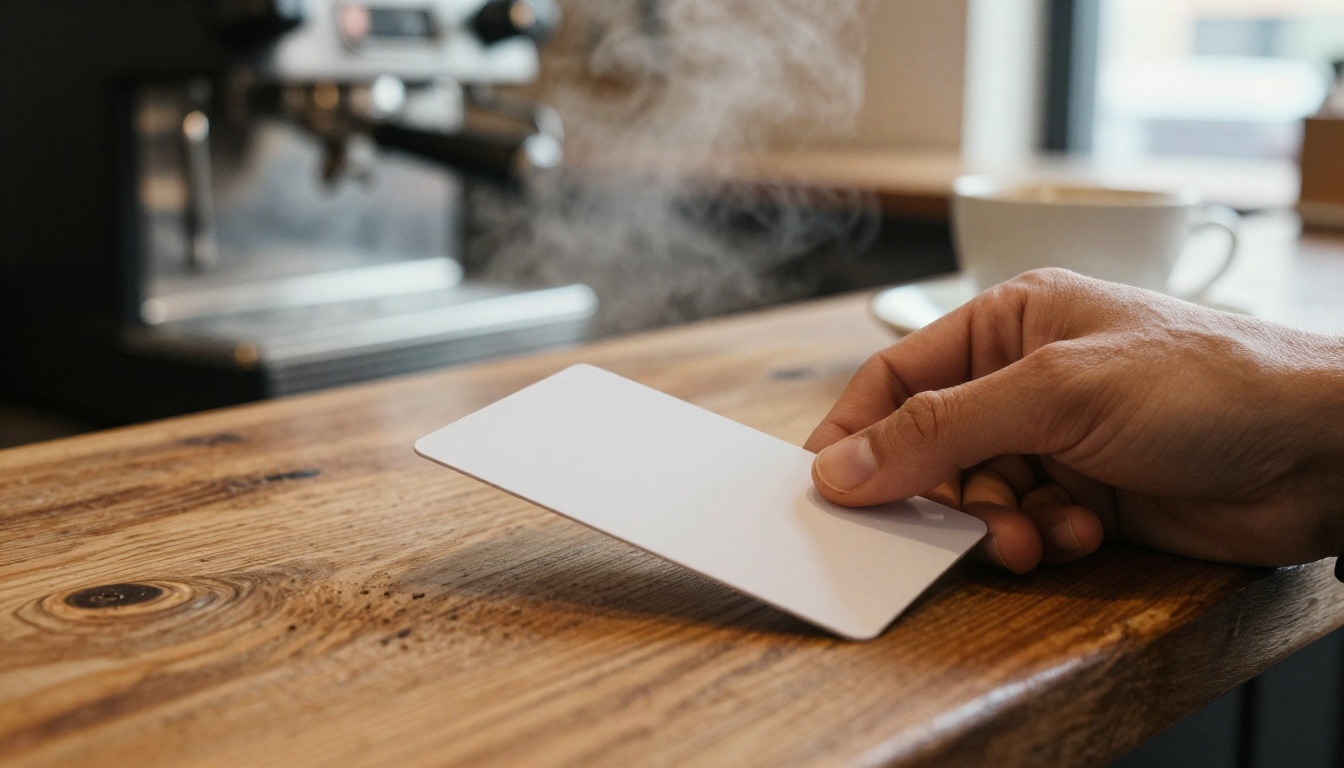 Hand sliding a plain prepaid card across a cafe counter, a picture of fal.ai free credits