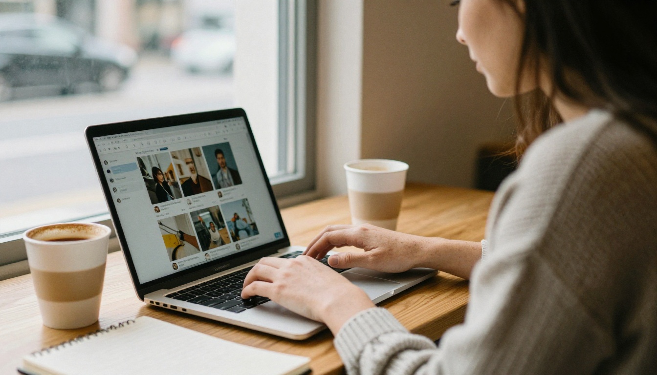 Woman typing in a sunlit cafe while an assistant answers beside photo thumbnails, a picture of fal.ai MCP use