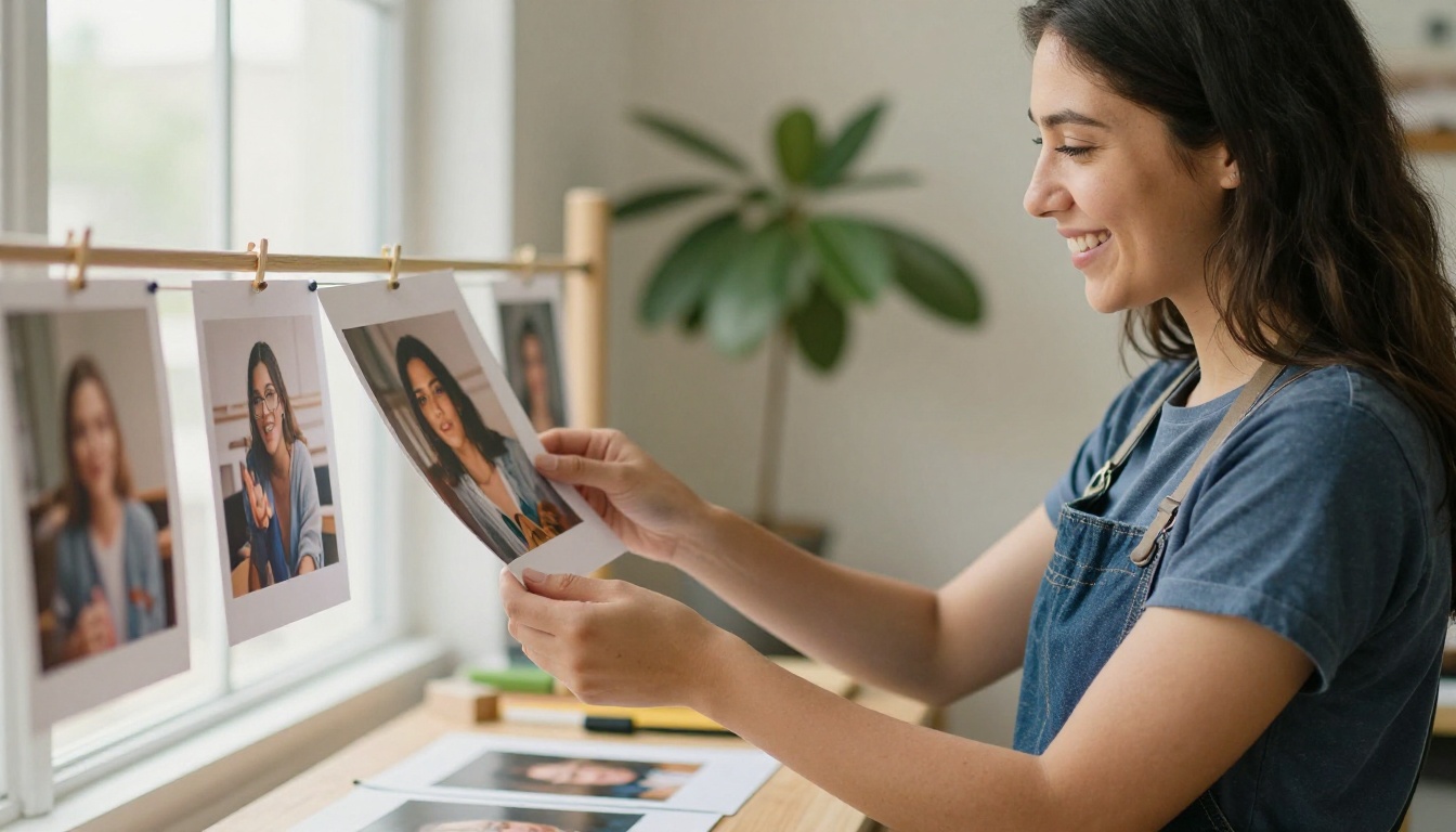 Designer holding a printed photograph up to window light, a picture of unmetered image generation
