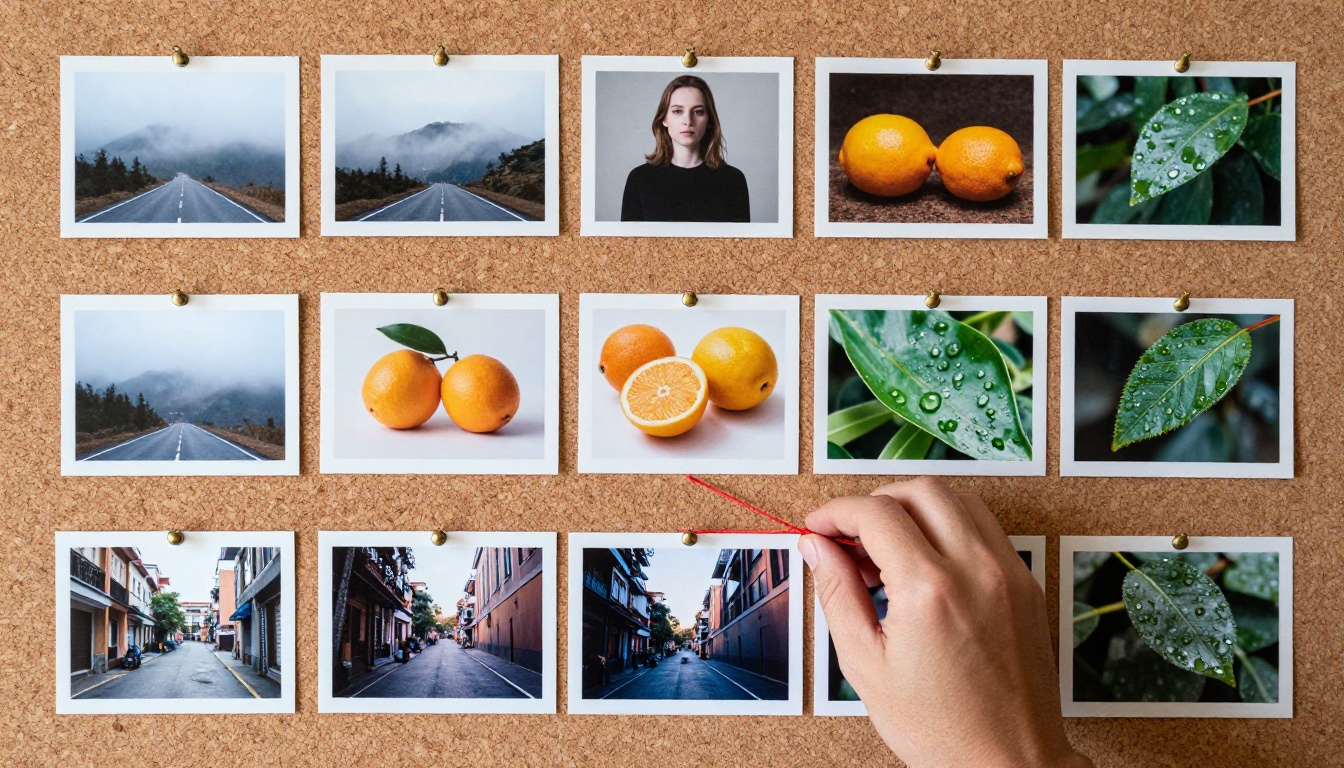 Corkboard with twenty photographs in different styles, one per image model