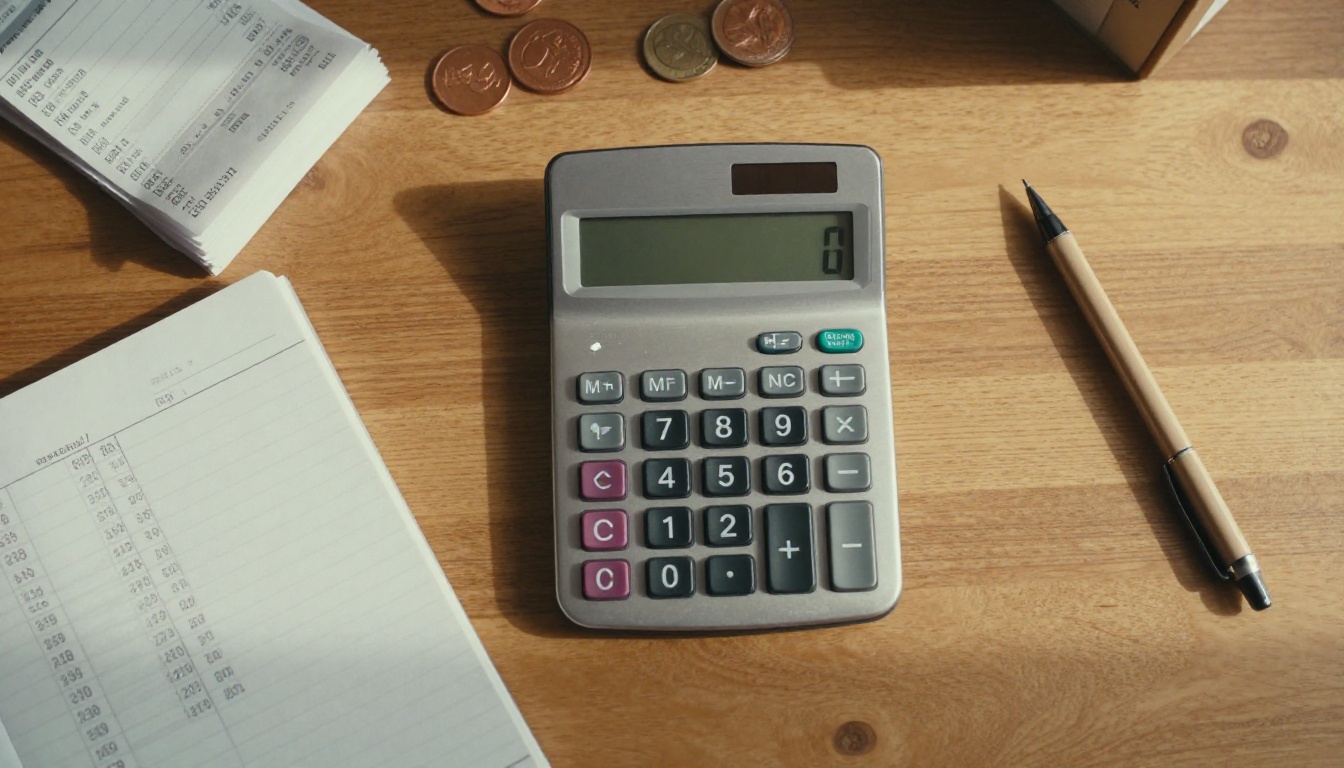Calculator, receipts and coins on a wooden desk