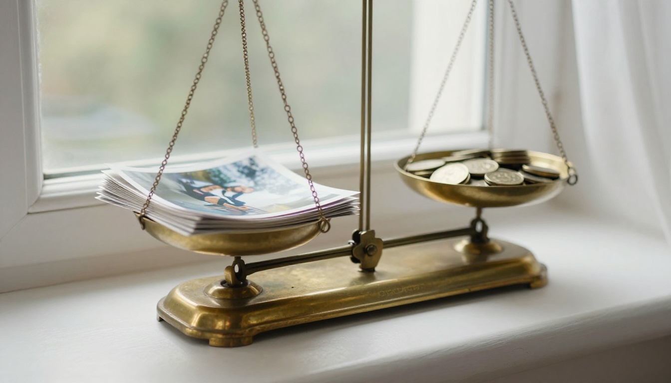 Brass balance scale weighing photographs against coins