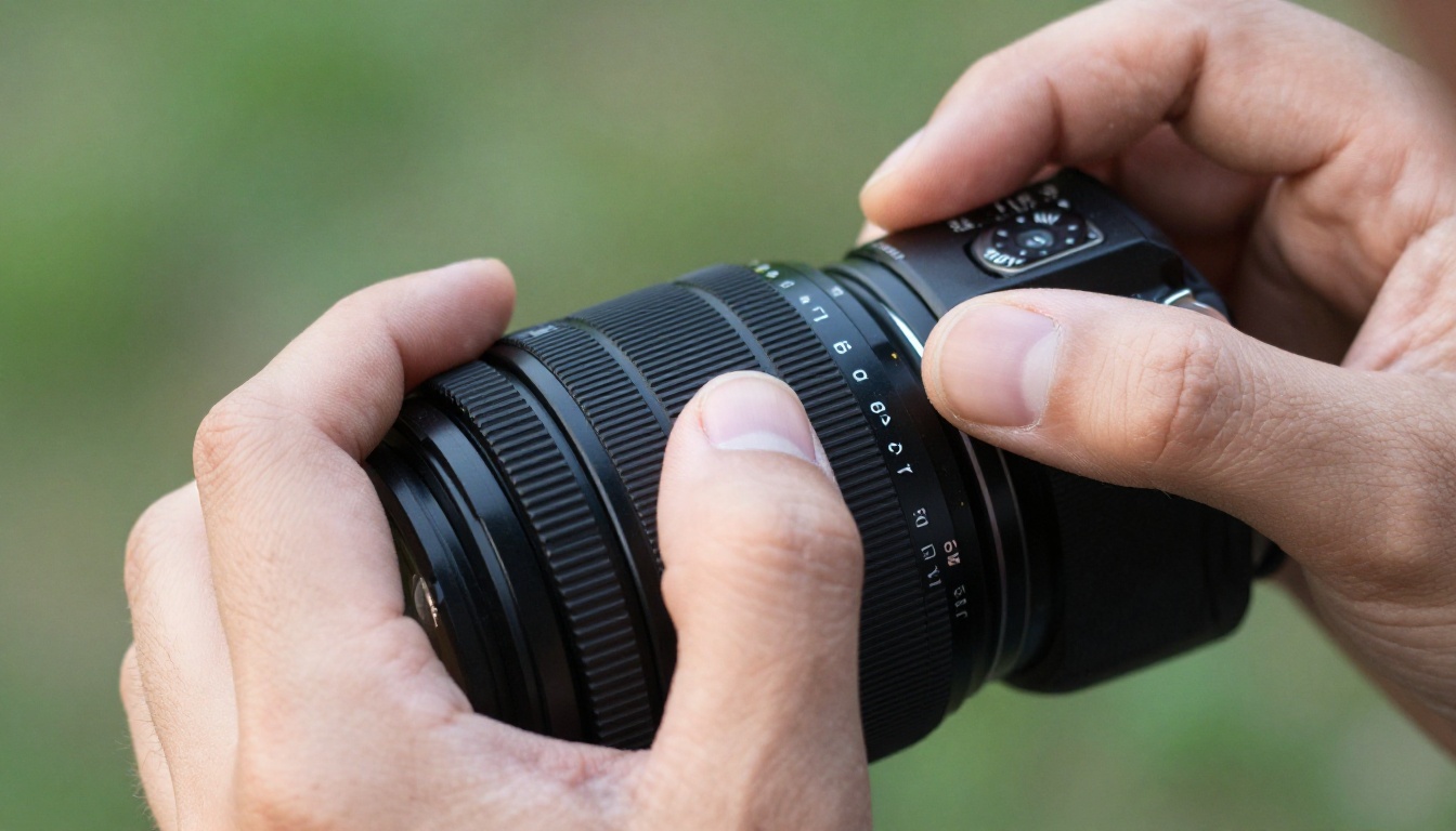 Photographer's hands turning the aperture ring of a camera lens