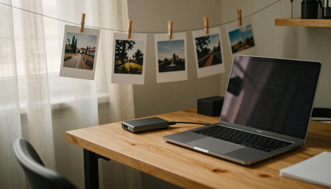 Developer plugging an external drive into a laptop to save generated images