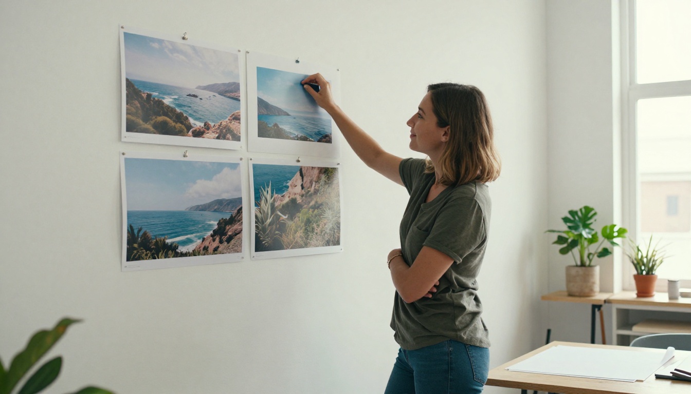 Graphic designer reviewing a large coastal landscape print in a sunlit studio