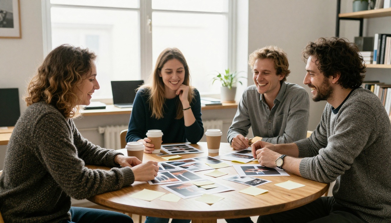 Three colleagues sorting freshly printed photographs around a table