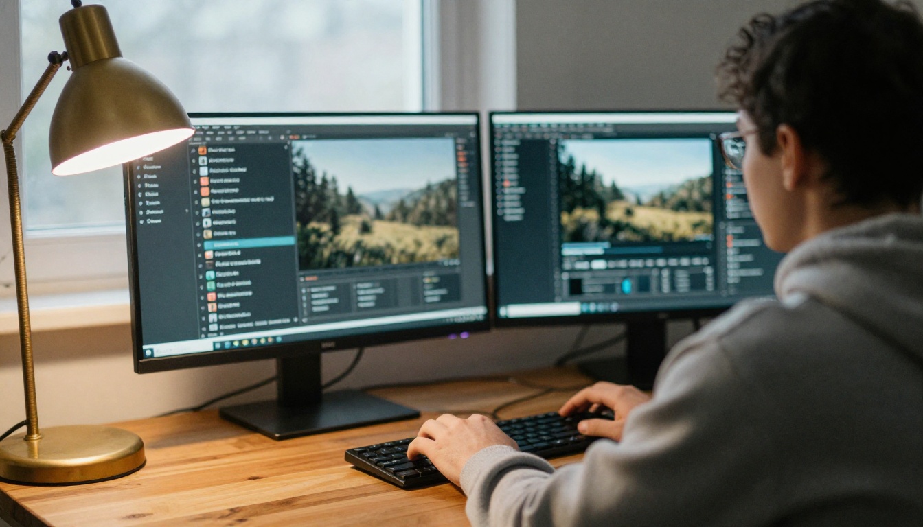 Developer at a wooden desk with two monitors showing blurred chat windows in warm evening light