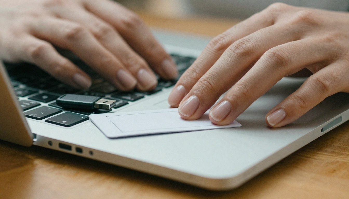 Hands typing on a laptop beside a plain paper card and a USB security device on a wooden desk