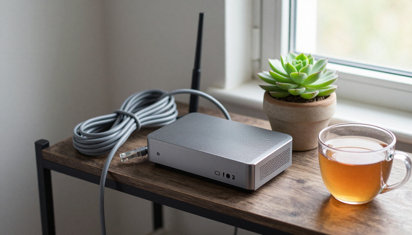 Compact mini PC on a pine shelf next to a router and coiled Ethernet cables, seen from above