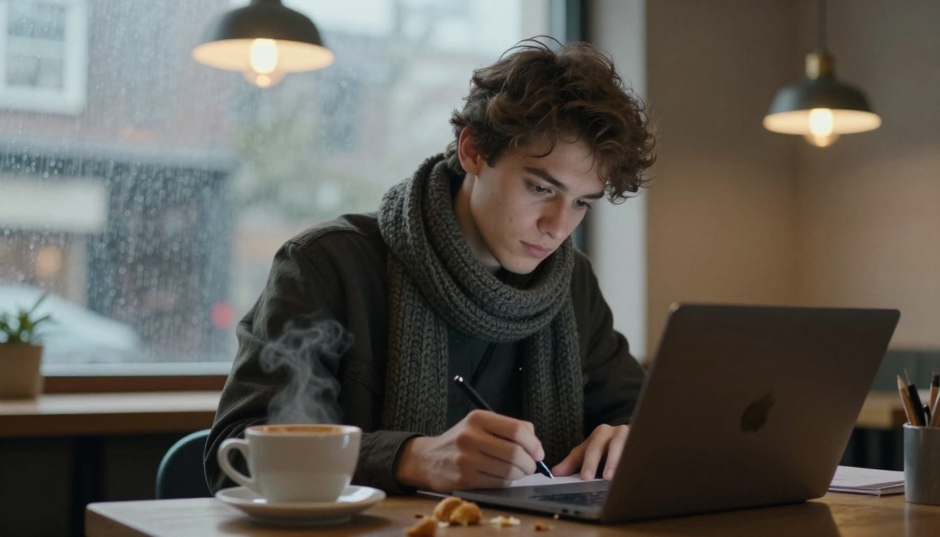 Young man writing a story on a laptop in a corner café with rain on the window