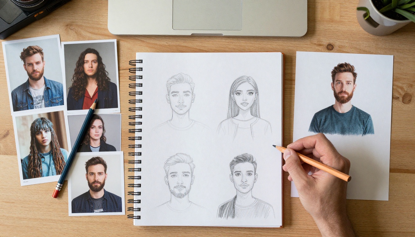 Illustrator's desk seen from above with printed portraits, colored pencils and a sketchbook