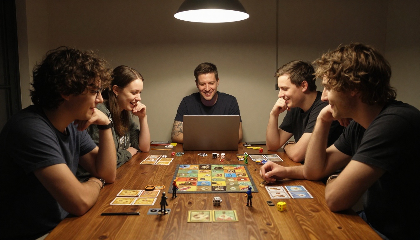 Four friends around an oak table playing a tabletop role-playing game with a laptop and miniatures
