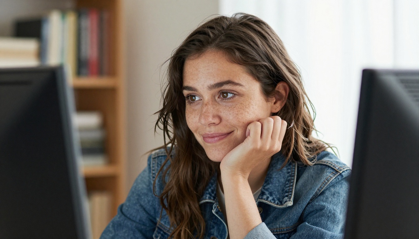 Close-up portrait of a concept artist studying a monitor, lit softly from a side window