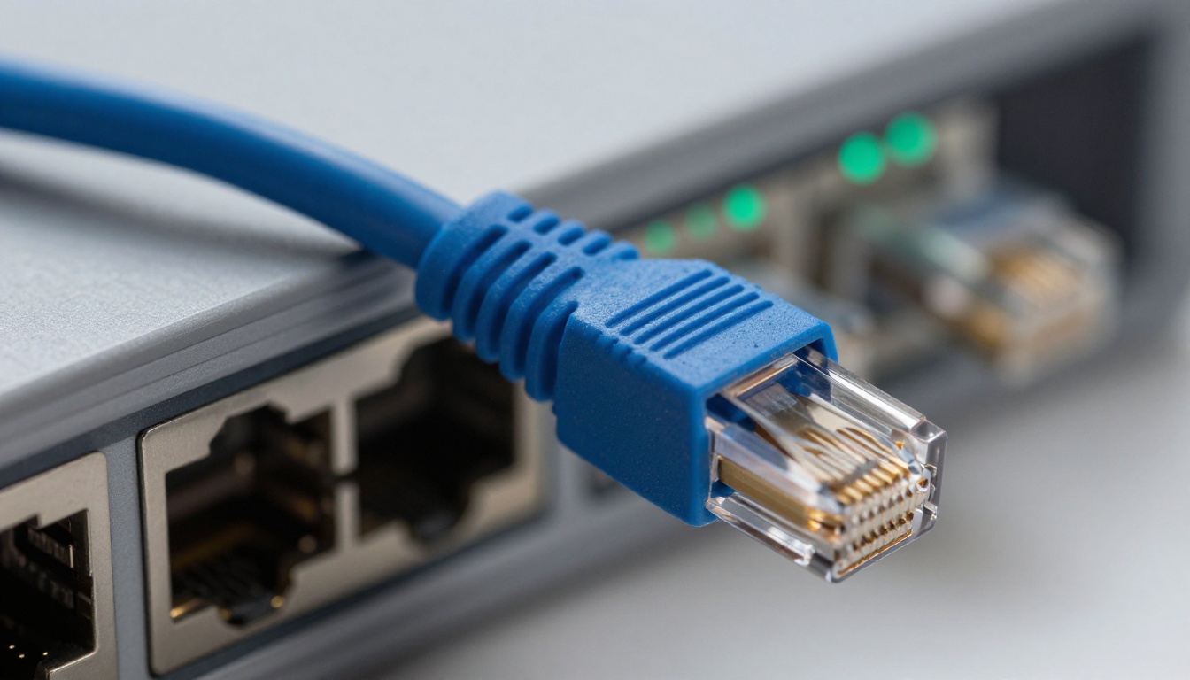 Blue Ethernet cable plugged into a gray router port with blurred indicator lights behind it