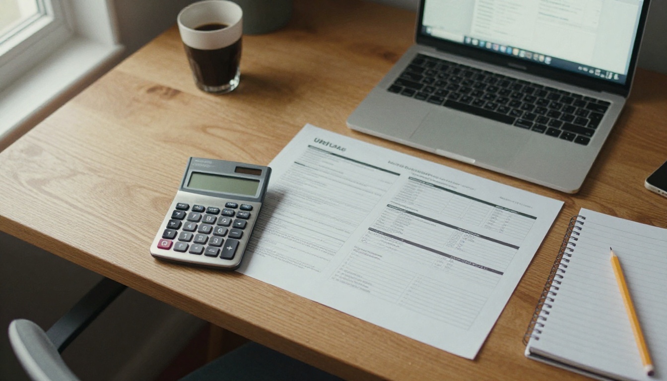 Top-down view of a desk with a calculator, notebook, laptop and coffee in soft window light