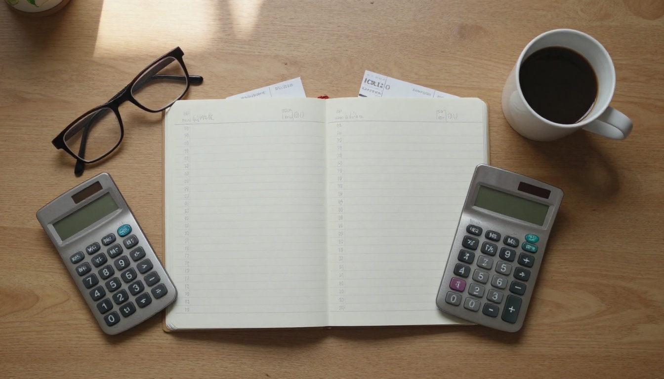 Handwritten budget ledger, calculator and receipts on a wooden desk