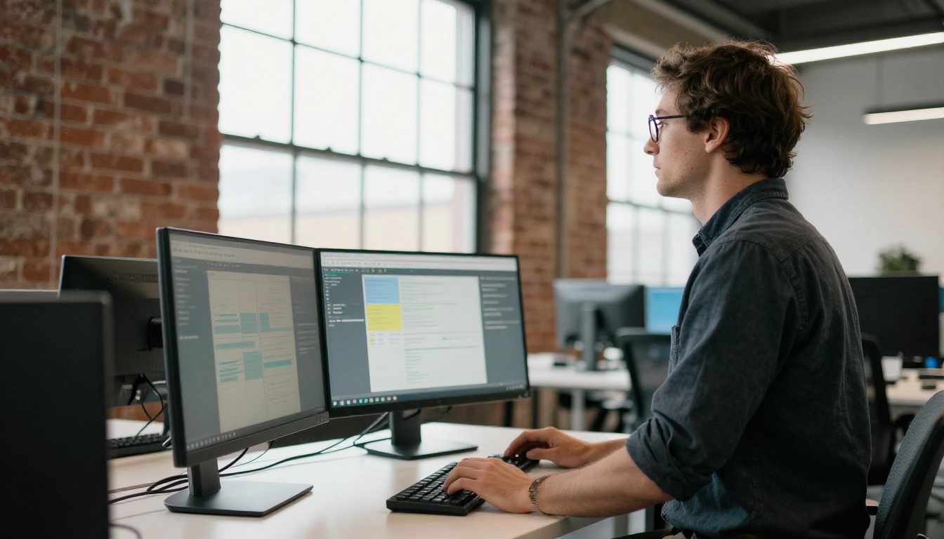 Software engineer at a standing desk in a bright startup office