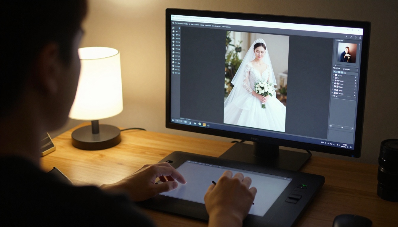 Photographer reviewing a portrait on a calibrated monitor in a small studio