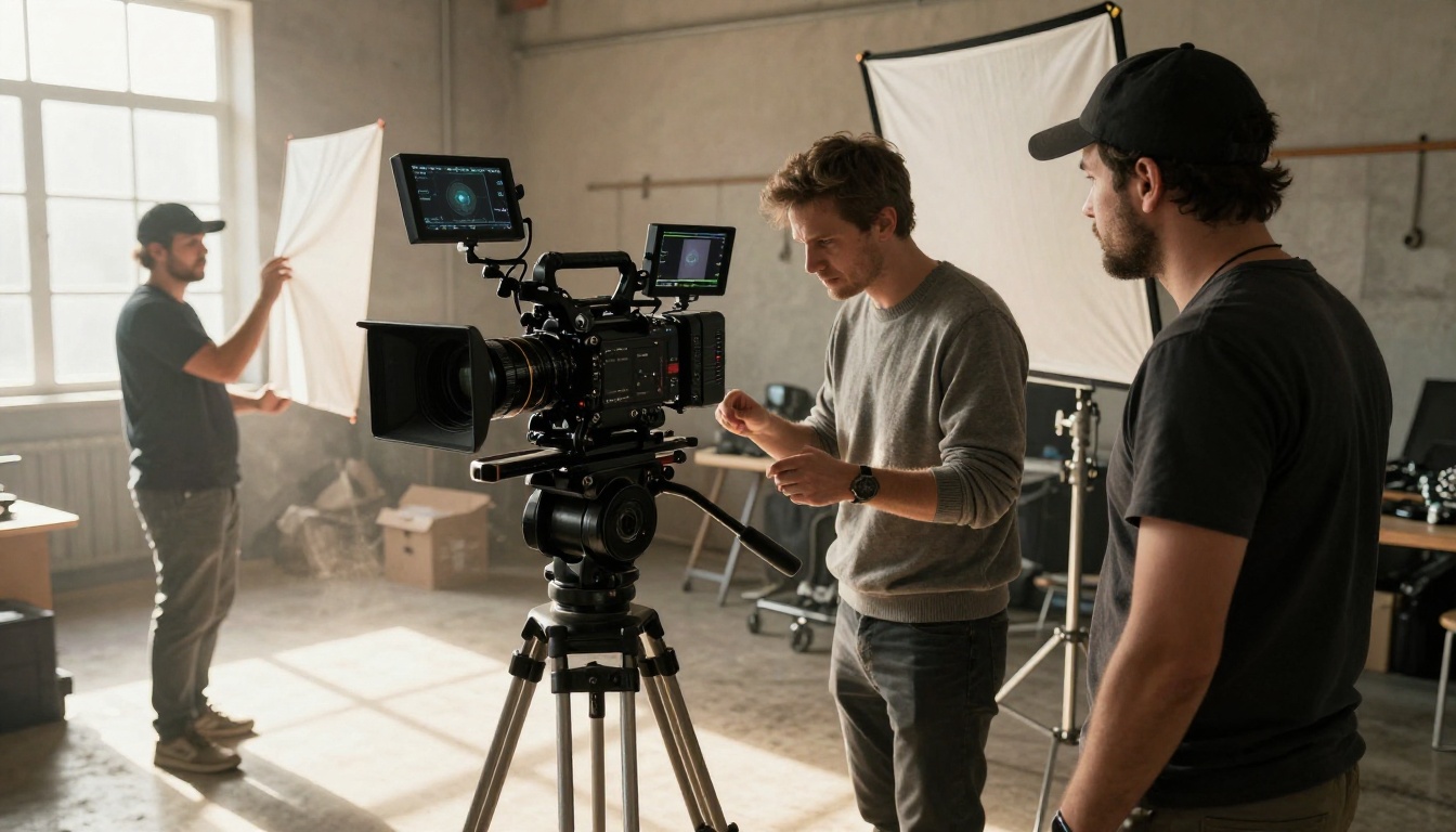 Small film crew on location in a sunlit warehouse loft