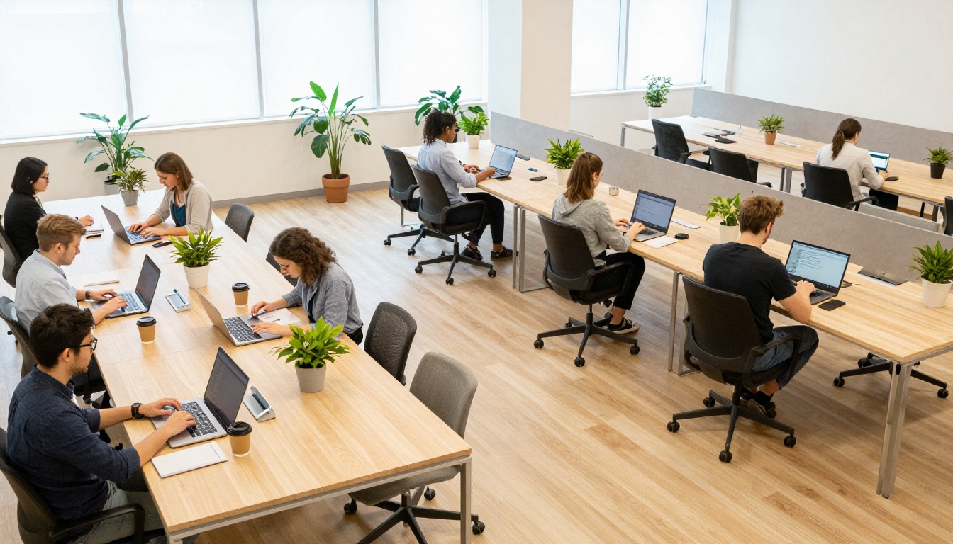 Aerial view of a bright co-working space with people at long tables
